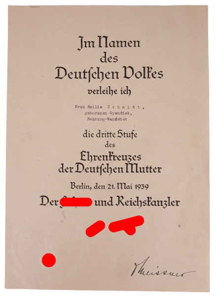 Urkunde Ehrenkreuz der Deutschen Mutter in Bronze, Schmidt Hamburg-Wandsbek