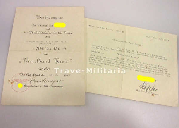 Urkunde + Anschreiben Kretaband Geb. Jäg Rgt 143