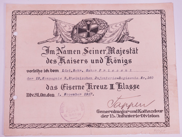Urkunde Eisernes Kreuz II.Klasse Priesent 9.Rhein. Inf. Regt.160