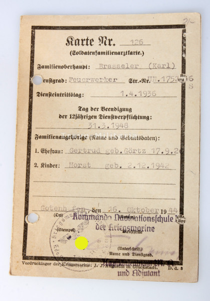Soldatenfamilienarztkarte Nr. 126 Brassler Feuerwerker
