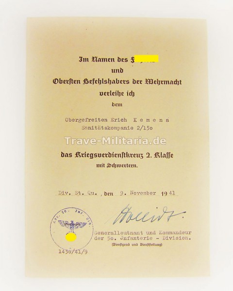 Urkunde zum Kriegsverdienstkreuz 2. Klasse mit Schwertern San.Kp.2/150
