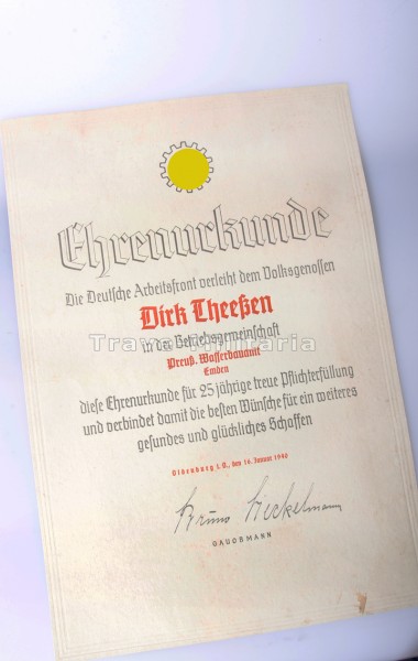 Ehrenurkunde Deutsche Arbeitsfront für 25 Jahre