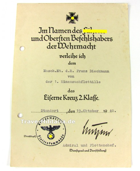 Urkunde Eisernes Kreuz 2. Klasse mit Lütjens Unterschrift