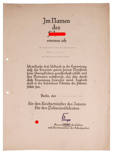 Ernennungsurkunde Meister der Schutzpolizei Langel