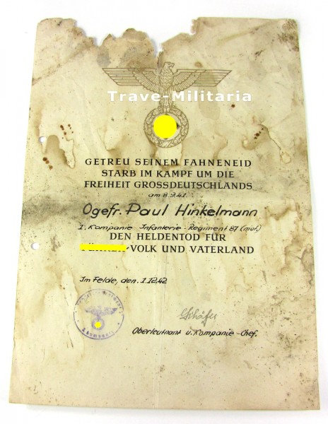 Heldentod-Urkunde Infanterie-Regiment 87 (mot)