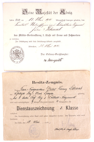 Urkundenpaar kgl. Bayr. 5. Feldartl. Regiment Schwab