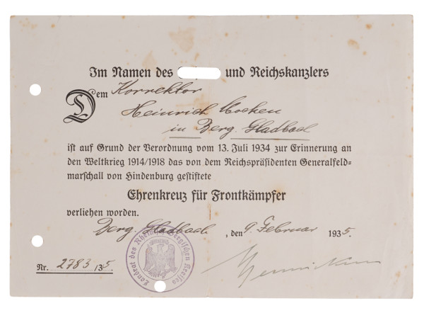 Urkunde Ehrenkreuz für Frontkämpfer