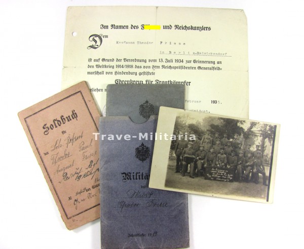 Papiernachlaß Friese Soldbuch, Militärpaß, Foto und Urkunde FEK