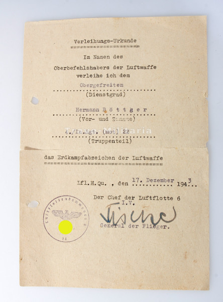 Urkunde Erdkampfabzeichen der Luftwaffe Böttger Ln.Rgt. (mot)