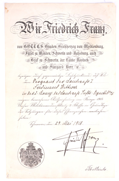 Urkunde Mecklenburg-Schwerin Militärverdienstkreuz 2.Klasse