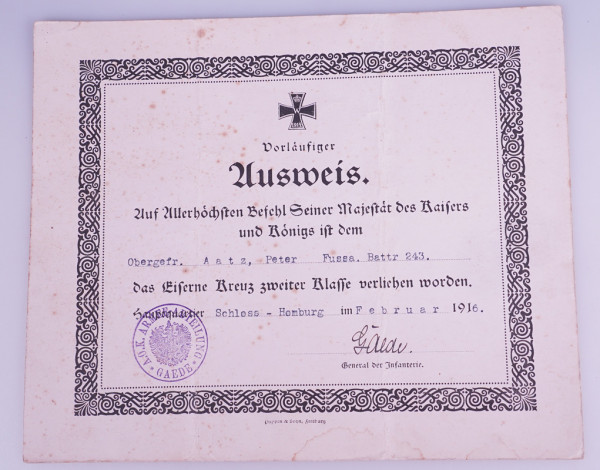 Vorläufiger Ausweis Eisernes Kreuz 2. Klasse Fussartillerie Batterie 243