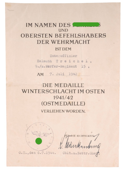 Urkunde Medaille Winterschlacht im Osten 1941/42 Treichel 9./S. Werfer-Regiment 15