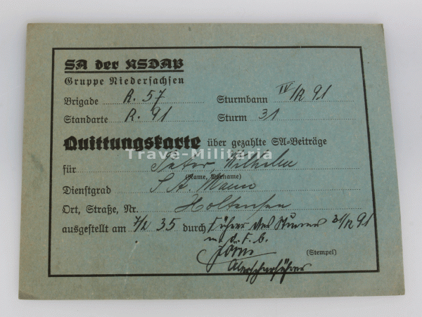 SA Quittungskarte Standarte 91 Gruppe Niedersachsen