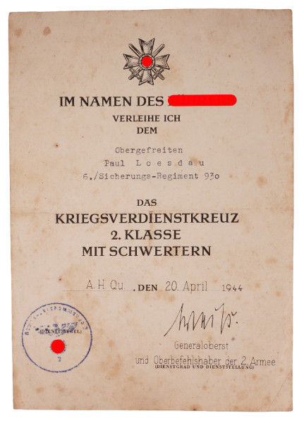 Urkunde Kriegsverdienstkreuz 2. Klasse mit Schwertern Loesdau