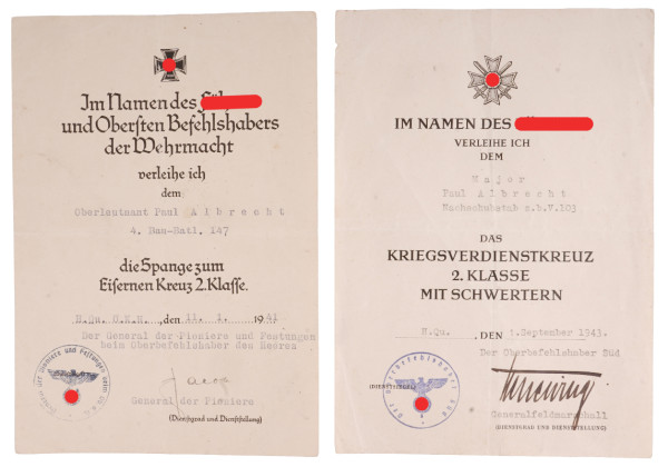 Urkundenpaar Major Albrecht Bau-Batl. 147 u. Nachschubstab z.b.V. 103