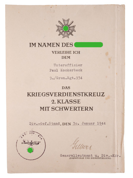 Urkunde Kriegsverdienstkreuz 2. Klasse mit Schwertern Kockerbeck