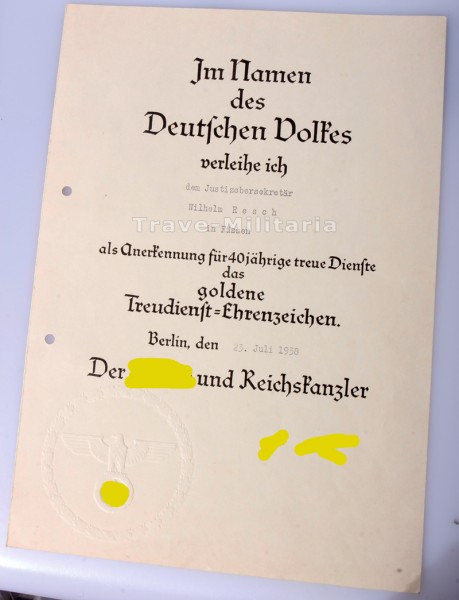 Urkunde für das goldene Treudienst-Ehrenzeichen