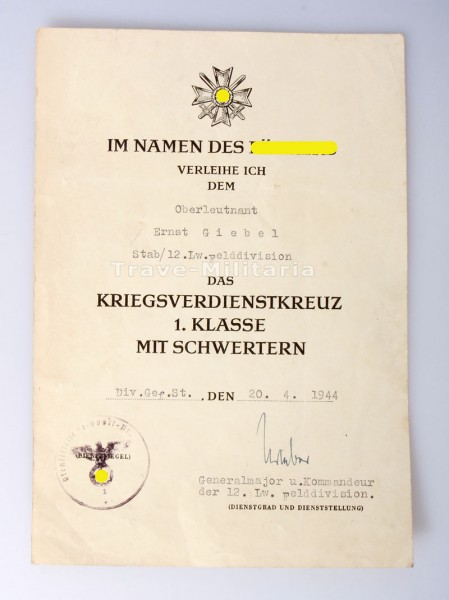 Urkunde Kriegsverdienstkreuz 1. Klasse mit Schwertern