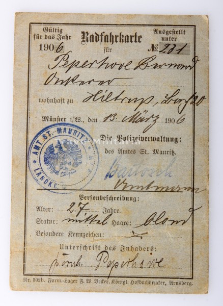 Radfahrkarte 1906 Bernhard Peperhowe Amt St. Moritz