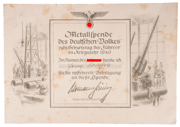 Metallspenden-Urkunde 1940 Homfeld