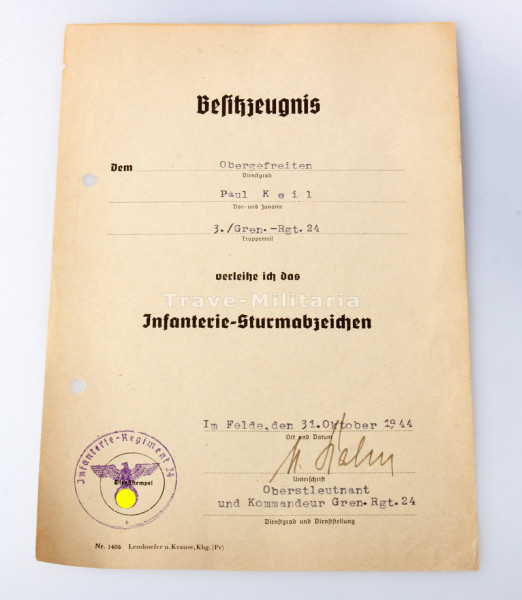 Besitzzeugnis Infanterie-Sturmabzeichen Keil, Gren.-Rgt. 24