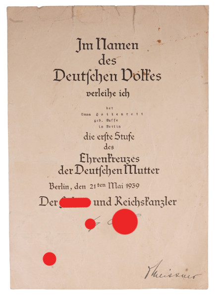 Urkunde Ehrenkreuz der Deutschen Mutter in Gold Hottenrott Berlin
