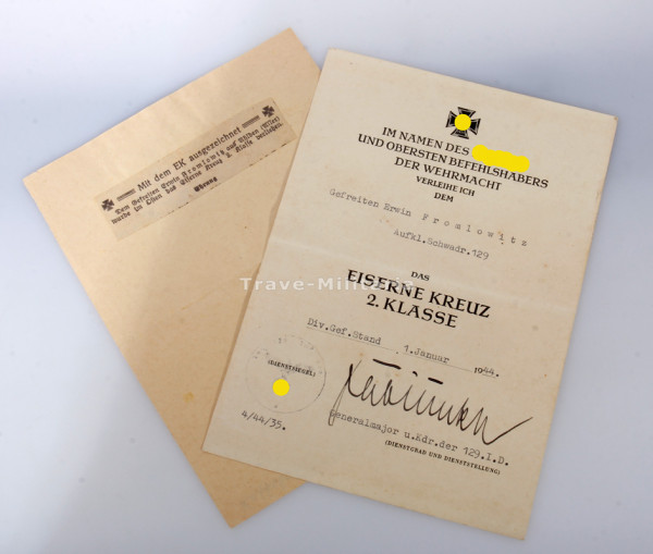 Urkunde Eisernes Kreuz 2. Klasse Fromlowitz Aufkl. Schwadron 129