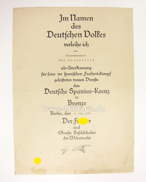 Urkunde zum Spanienkreuz in Bronze