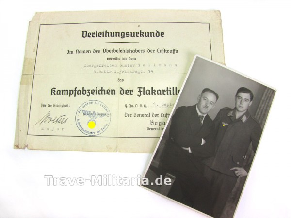 Urkunde zum Flakkampfabzeichen und Foto
