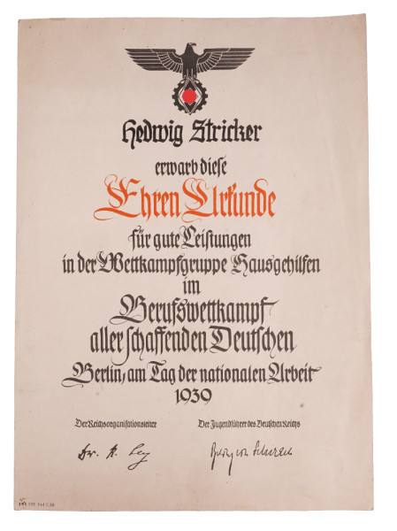 Berufswettkampf 1939 Ehrenurkunde Stricker