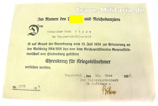 Urkunde zum Ehrenkreuz für Kriegsteilnehmer Wuppertal-Elberfeld