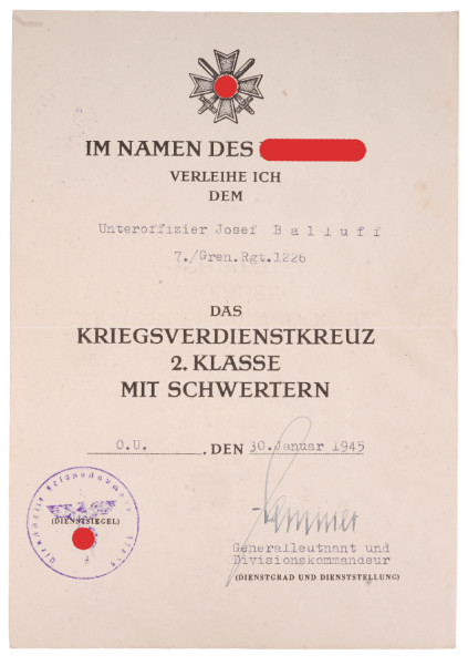 Urkunde Kriegsverdienstkreuz 2. Klasse mit Schwertern Balluff Gren. Rgt. 1226