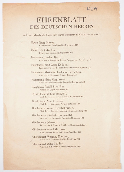 Ehrenblatt des Deutschen Heeres 25.9.44 1 Seite
