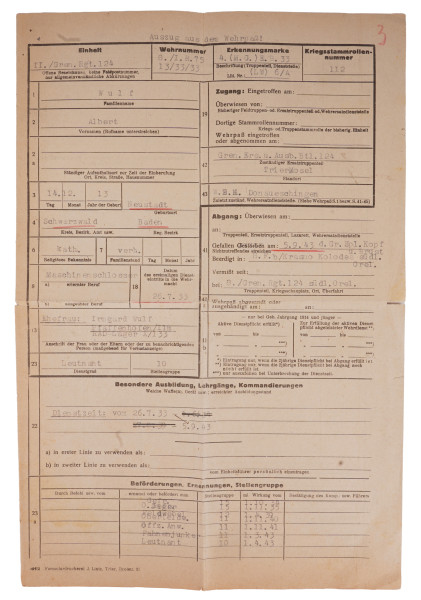 Auszug aus dem Wehrpass Albert Wulf G.R.124 gefallen 1943