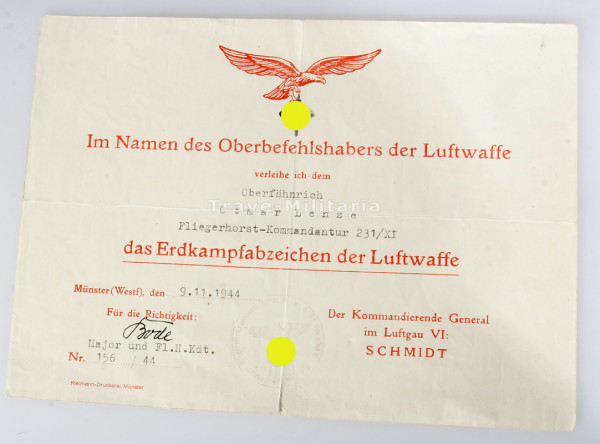 Urkunde Erdkampfabzeichen der Luftwaffe Lenze Fl. H. Kdtur. 231XI
