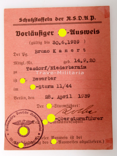 Vorläufiger SS- Ausweis Kanert SS- Sturm 11 / 44