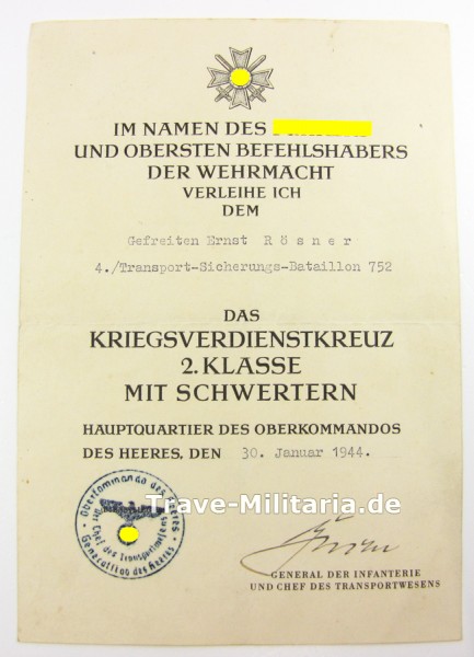 Urkunde Kriegsverdienstkreuz 2. Klasse mit Schwertern Transportwesen