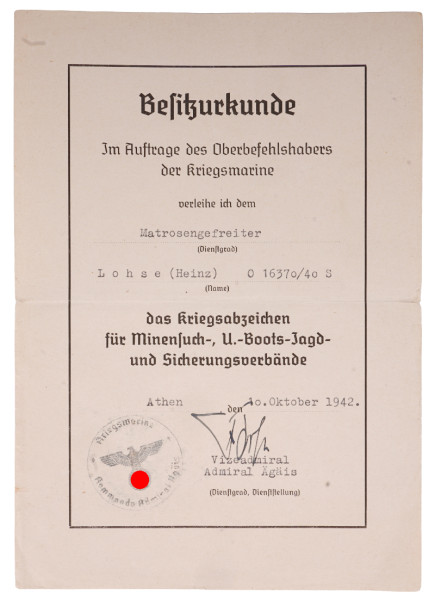 Besitzurkunde Kriegsabzeichen für Minensuch-,U.Boots-Jagd und Sicherungsverbände