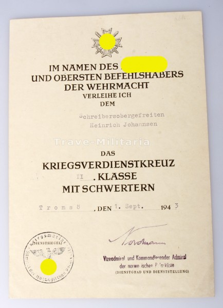 Urkunde Kriegsverdienstkreuz 2. Klasse mit Schwertern Johannsen Tromsö