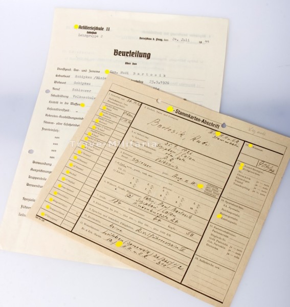 SS- Stammkarten- Abschrift u. Beurteilung SS-Kanonier Bartosiak