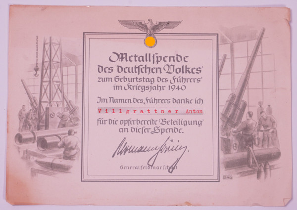 Metallspendenurkunde 1940 Anton Villgrattner