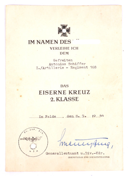 Urkunde Eisernes Kreuz 2. Klasse Schiffner Atillerie-Regiment 168