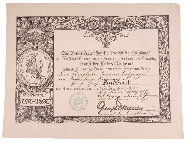 Urkunde Kaiser Wilhelm I. Erinnerungsmedaille 1897 Lindhorst
