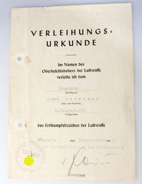 Urkunde Erdkampfabzeichen der Luftwaffe Hermann Ln.Regt.130