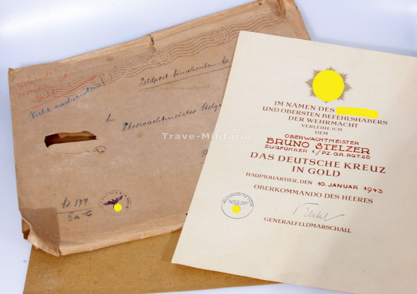 Urkunde Deutsches Kreuz in Gold Stelzer Pz. Gr. Rgt. 26
