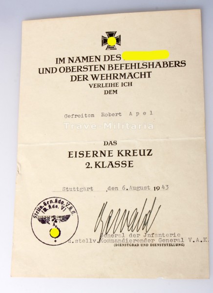 Urkunde Eisernes Kreuz 2. Klasse Apel