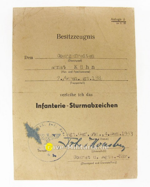 Urkunde Infanterie-Sturmabzeichen G.R. 188