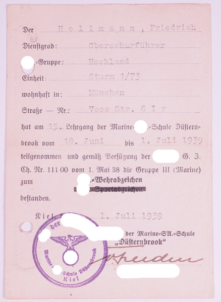 Prüfungsbescheinigung SA-Wehrabzeichen Oberscharführer Hellmann