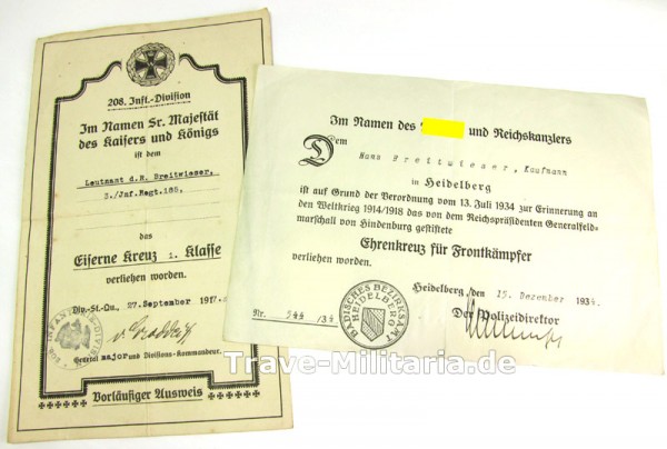 2 Urkunden Eisernes Kreuz 1. Klasse 1914 und Frontkämpferehrenkreuz