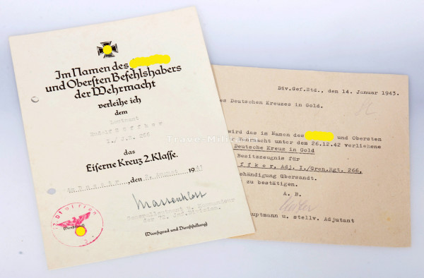 Papiere Söffker I.R.266 Deutsches Kreuz in Gold